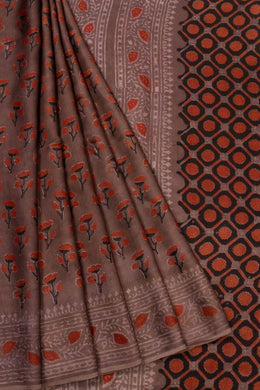 Brown Vanaspathi Hand block Printed Modal Silk Cotton Saree - Avishya