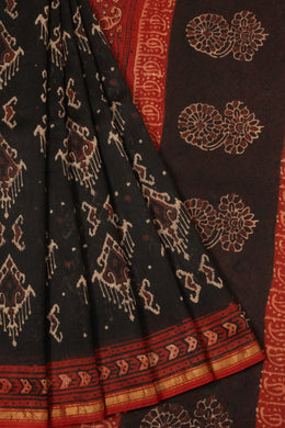 Black Vanaspathi Hand block Printed Silk Cotton Saree - Avishya