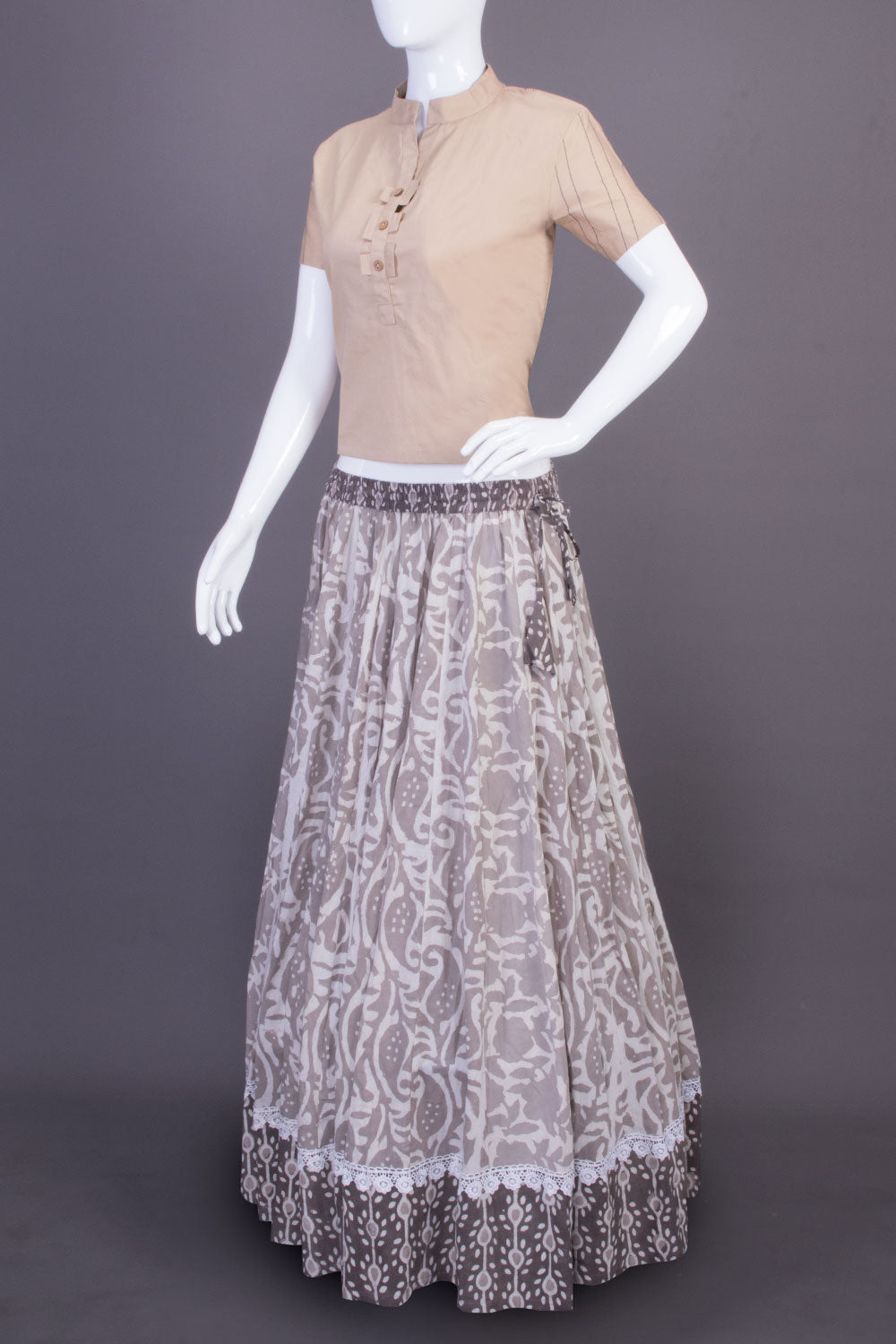 Off White Hand Block Printed Cotton Skirt (Size-36 to 40)-Avishya