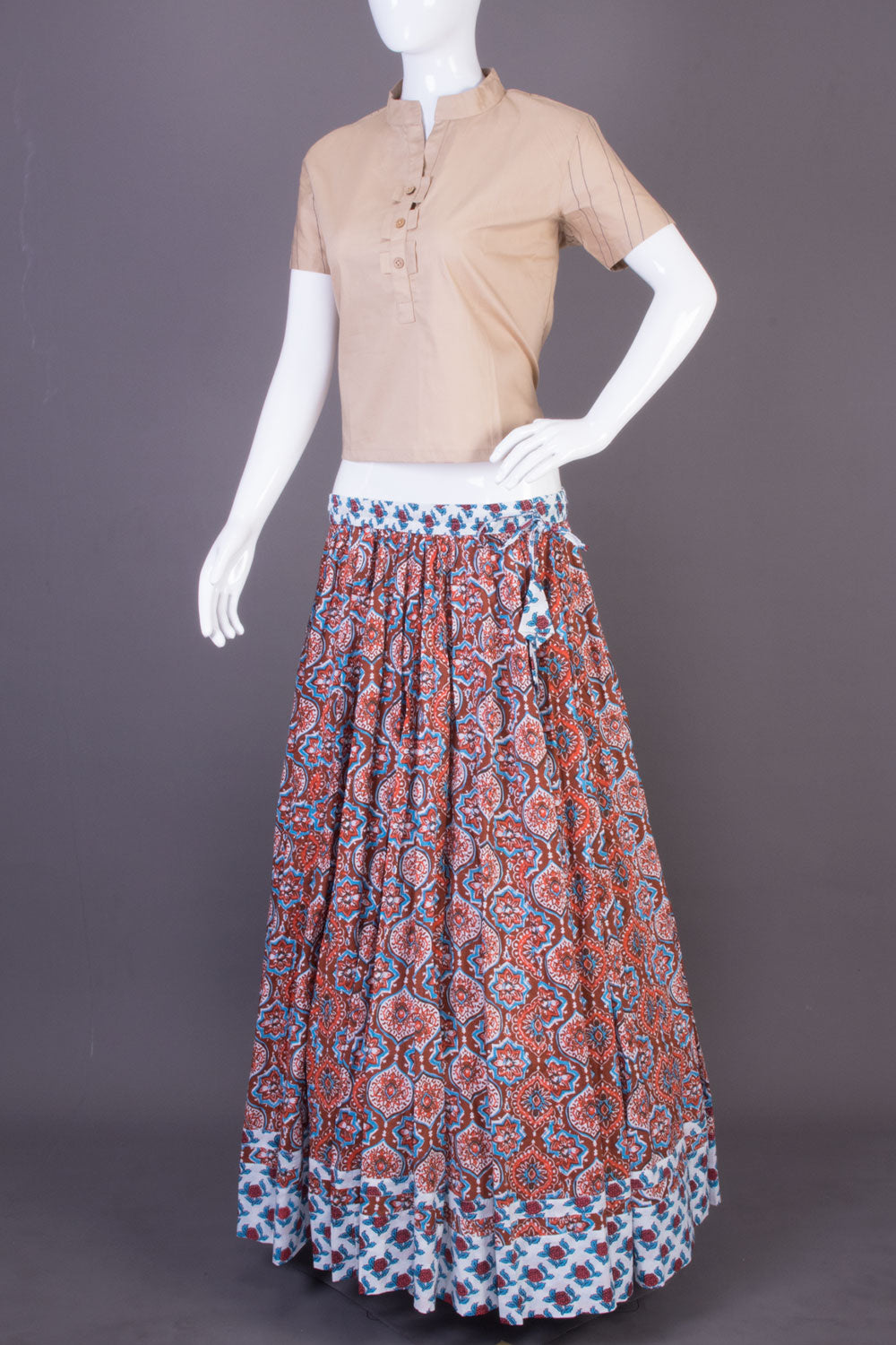 Brown Hand Block Printed Cotton Skirt 10065537(Size-36 to 40)-Avishya
