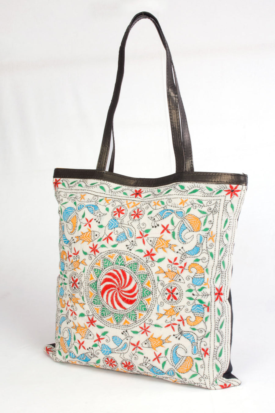 White Kantha Embroidery Tote Bag - Avishya