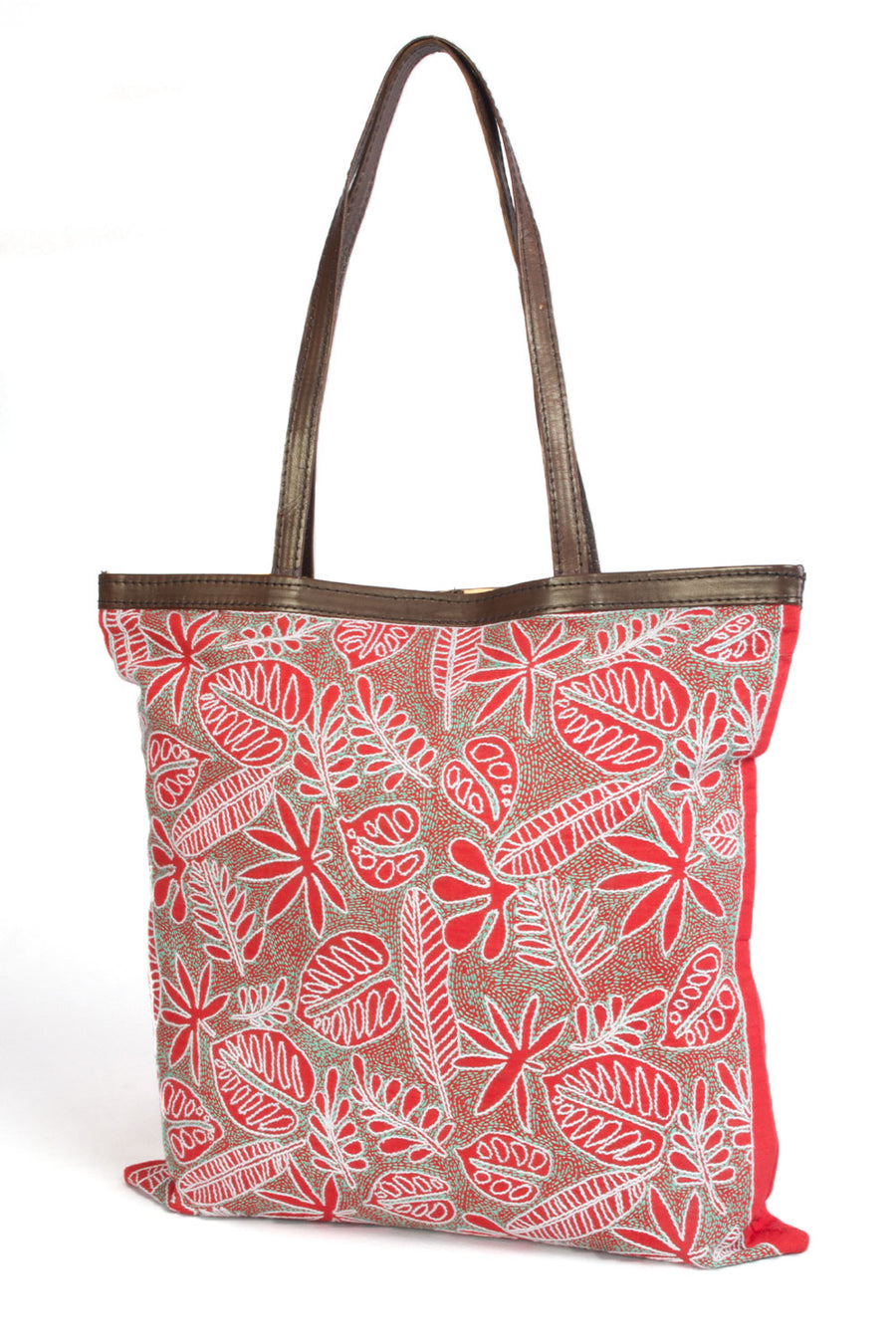 Red Kantha Embroidery Tote Bag - Avishya