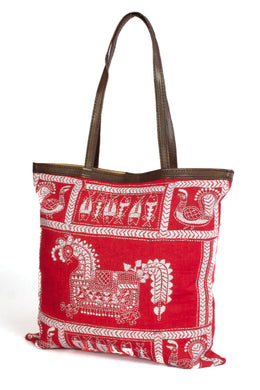Red Kantha Embroidery Tote Bag - Avishya
