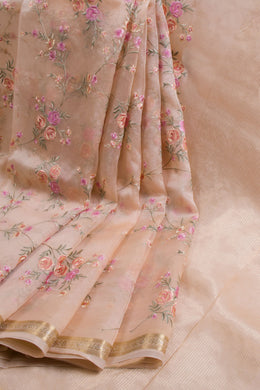 Beige Embroidered Pure Silk Organza Saree 10065752