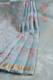 Blue Embroidered Pure Silk Organza Saree 10065753