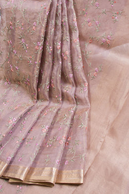 Peach Embroidered Pure Silk Tussar Organza Saree - Avishya