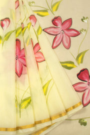 Cream Hand Painted Organza Saree - Avishya