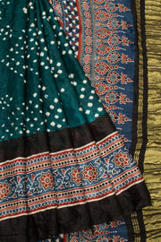 Green Handloom Ajrakh Bandhani Modal Silk Saree - Avishya