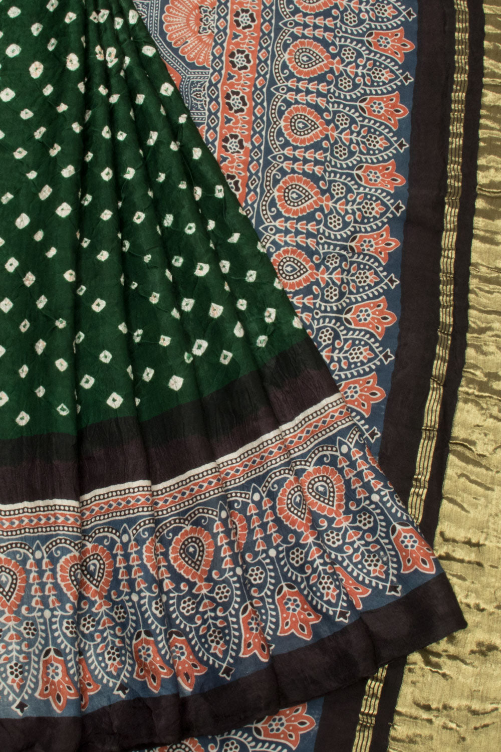 Green Handloom Ajrakh Bandhani Modal Silk Saree - Avishya
