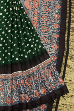 Green Handloom Ajrakh Bandhani Modal Silk Saree - Avishya