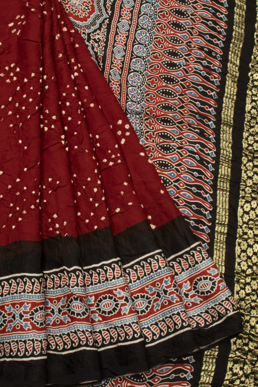 Maroon Handloom Ajrakh Bandhani Modal Silk Saree - Avishya