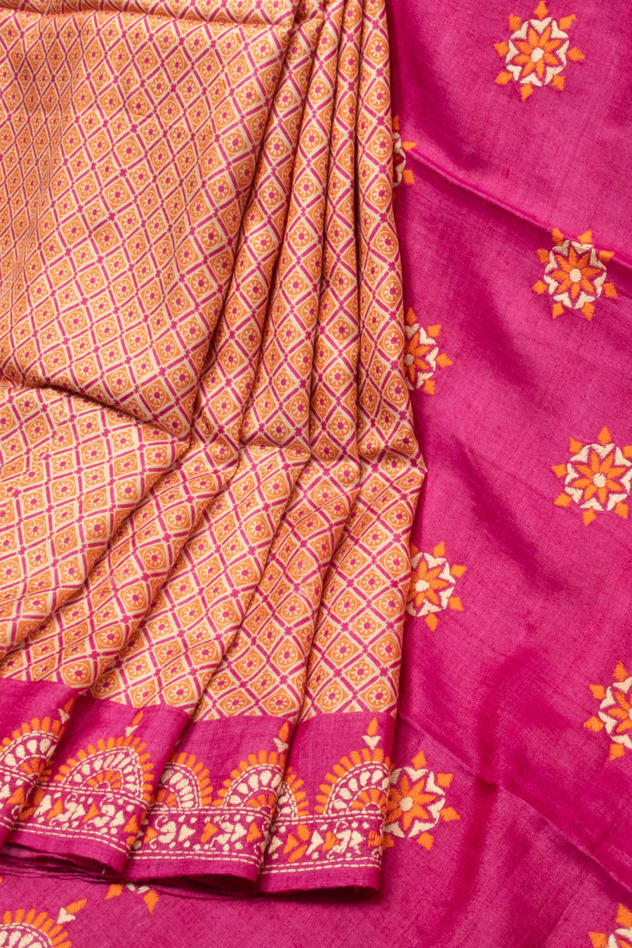 Light Orange Kantha Embroidered Tussar Silk Saree - Avishya