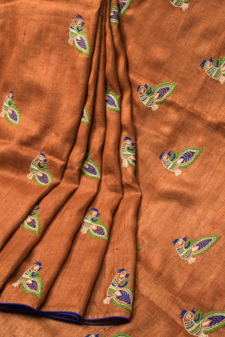 Almond Brown Kantha Embroidered Tussar Silk Saree - Avishya