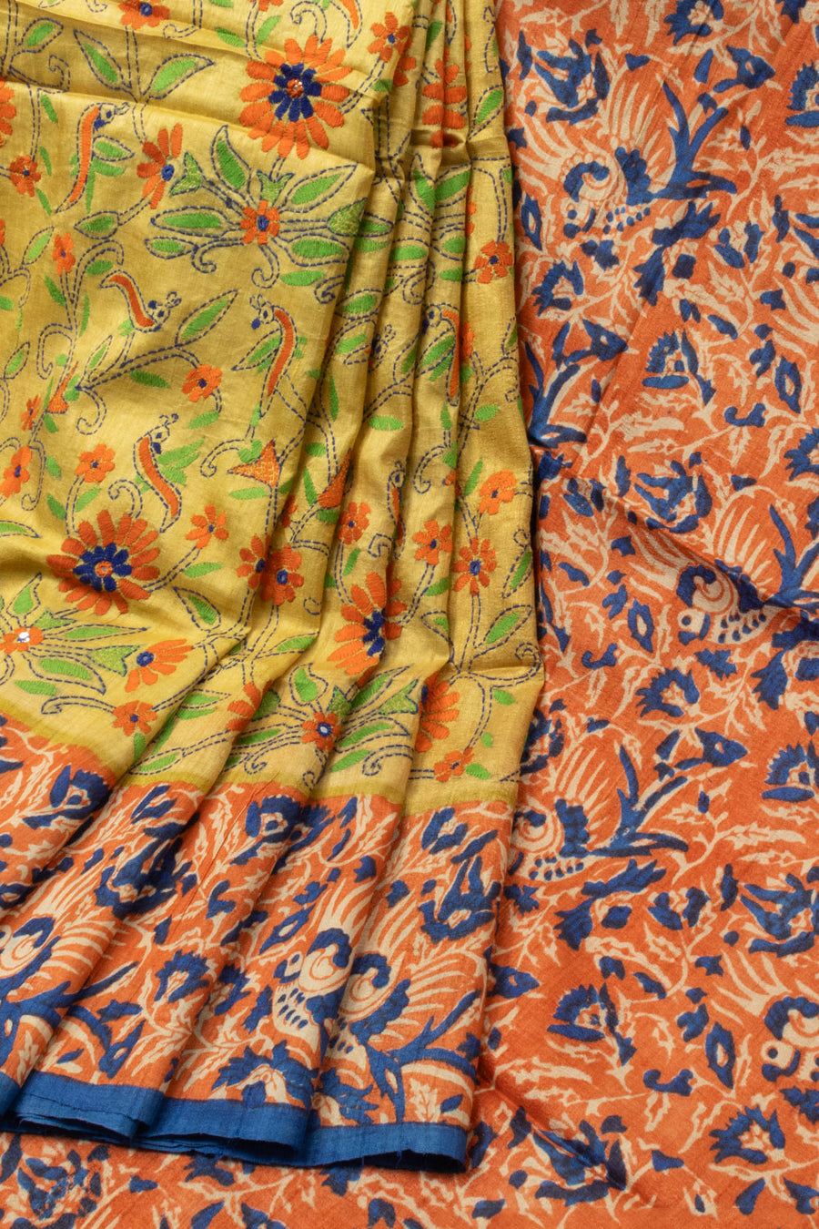 Pista Green Kantha Embroidered Tussar Silk Saree - Avishya