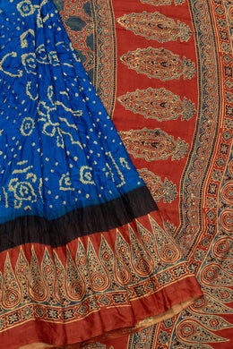 Blue Handcrafted Ajrakh Printed Bandhani Gajji Silk Saree 10066015