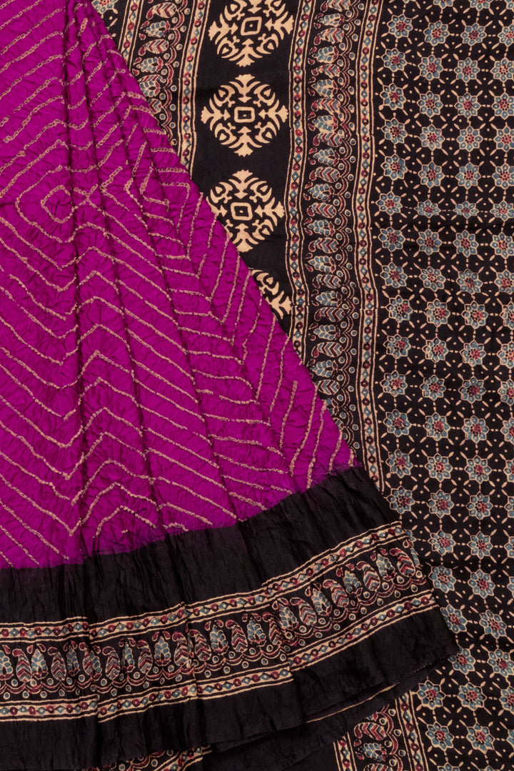 Violet Handcrafted Ajrakh Printed Bandhani Gajji Silk Saree 10066017