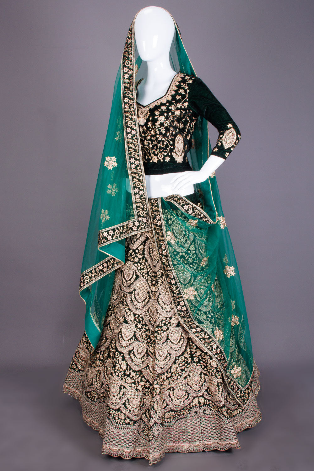 Green Net Silk Embroidered Lehenga 10066161 - Avishya