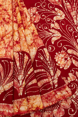 Cream with Maroon Batik Printed Muslin Silk saree -Avishya