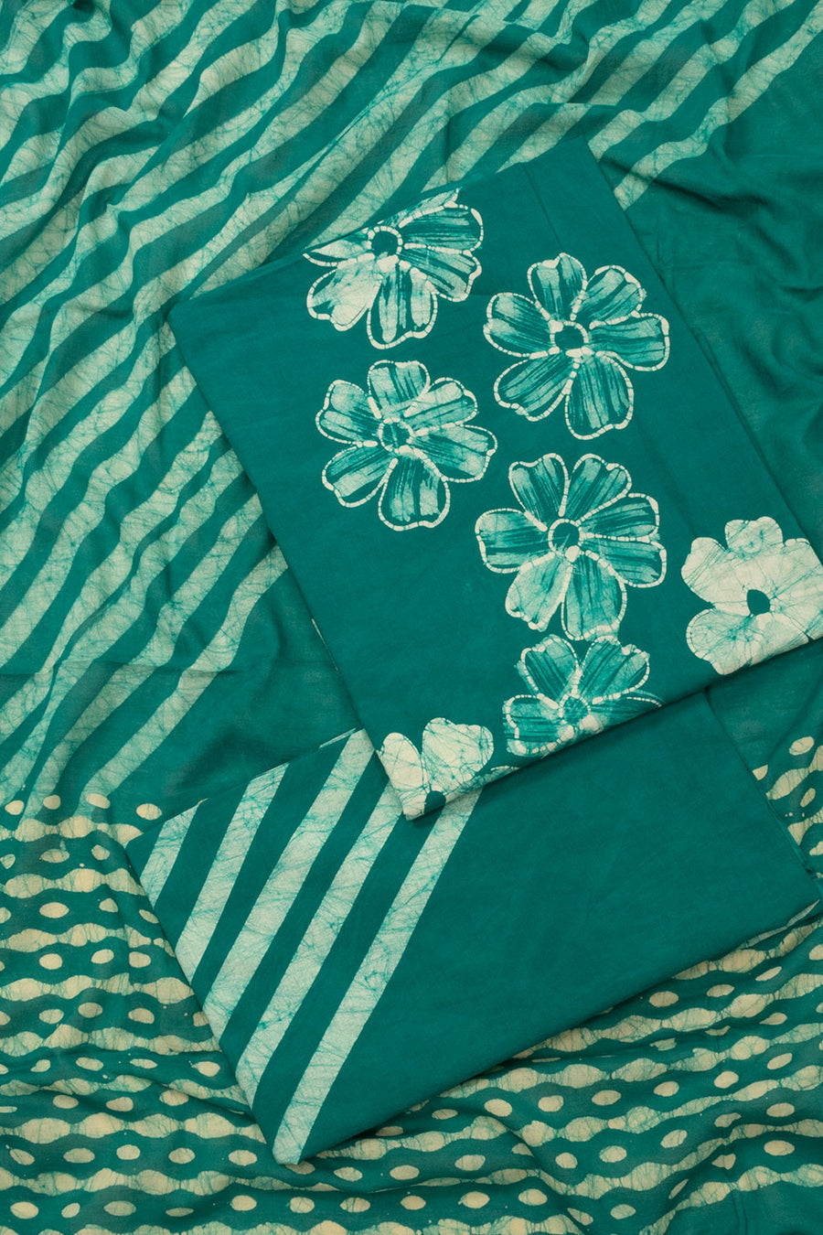 Teal Green Batik Cotton 3-Piece Salwar Suit Material - Avishya