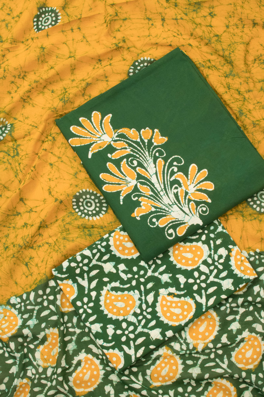 Green Batik Cotton 3-Piece Salwar Suit Material - Avishya