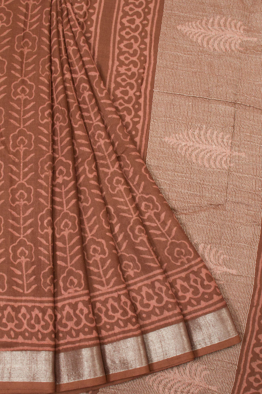 Brown Hand Block Printed Linen Saree  - Avishya