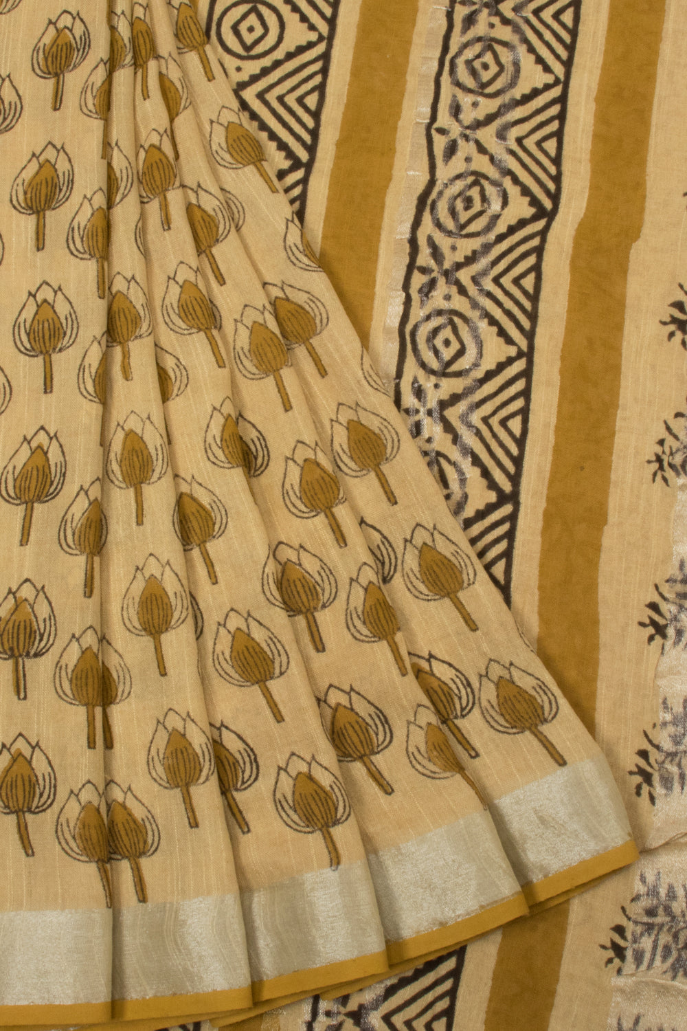 Beige Hand Block Printed linen saree  - Avishya
