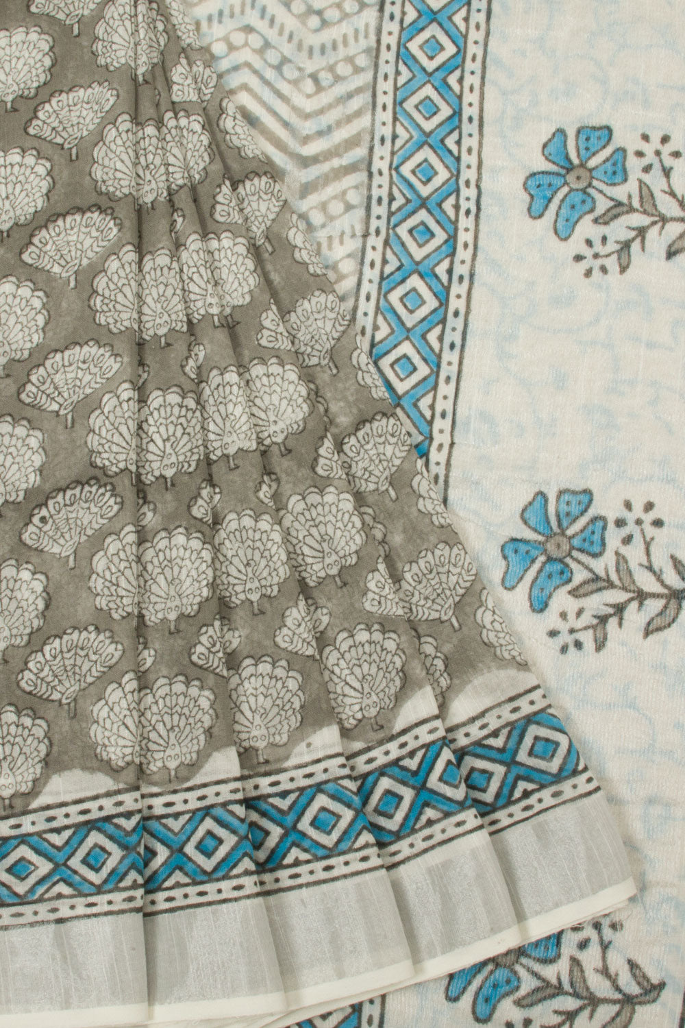Grey Hand Block Printed linen saree - Avishya