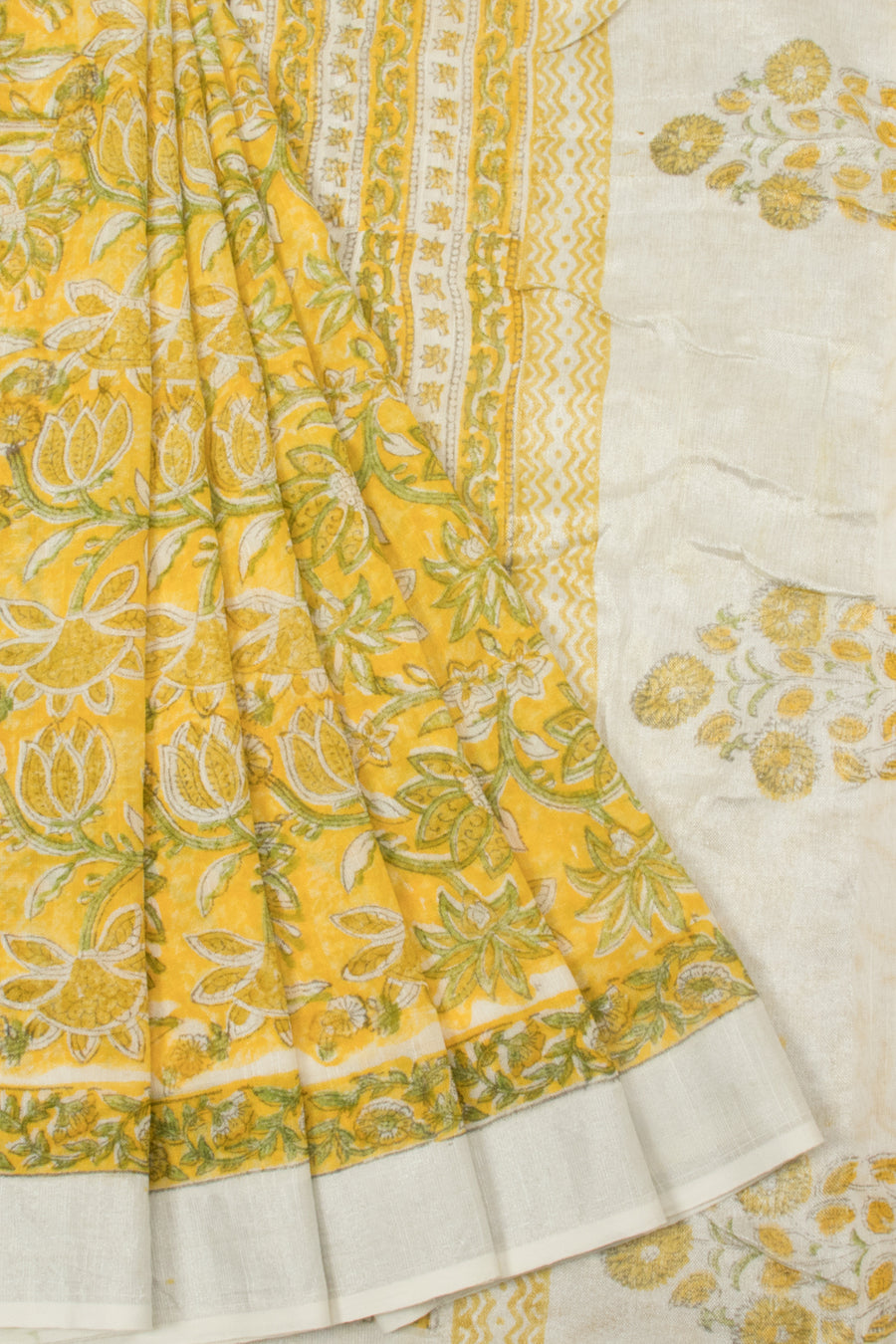 Yellow Hand Block Printed linen saree - Avishya