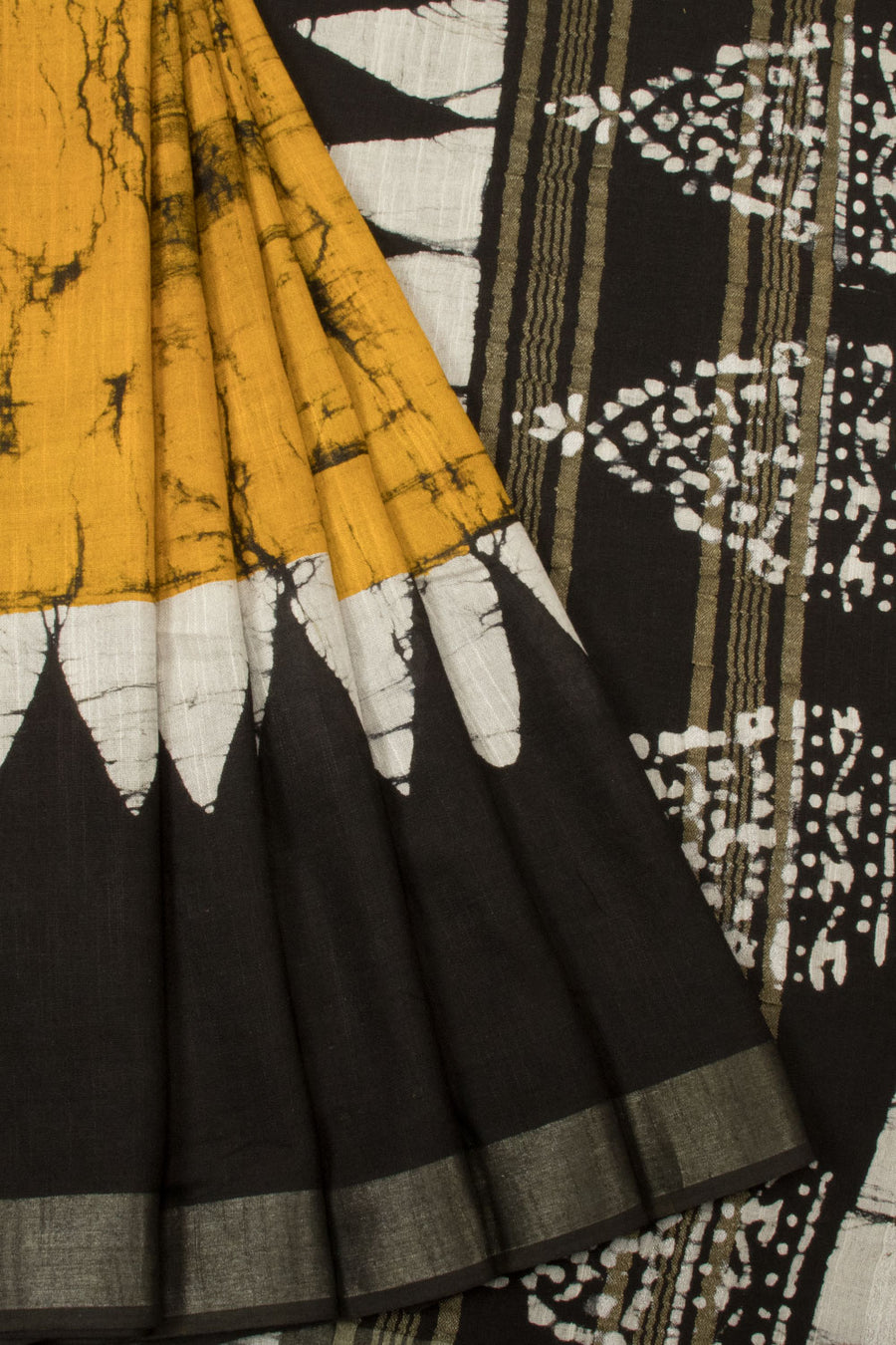 Yellow Batik Printed linen saree - Avishya