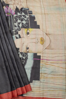 Black Hand painted Tussar silk saree - Avishya 