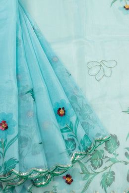 Mist Aqua Blue Khatli Work Organza Saree With Floral Motifs and Scallop Border 10076563