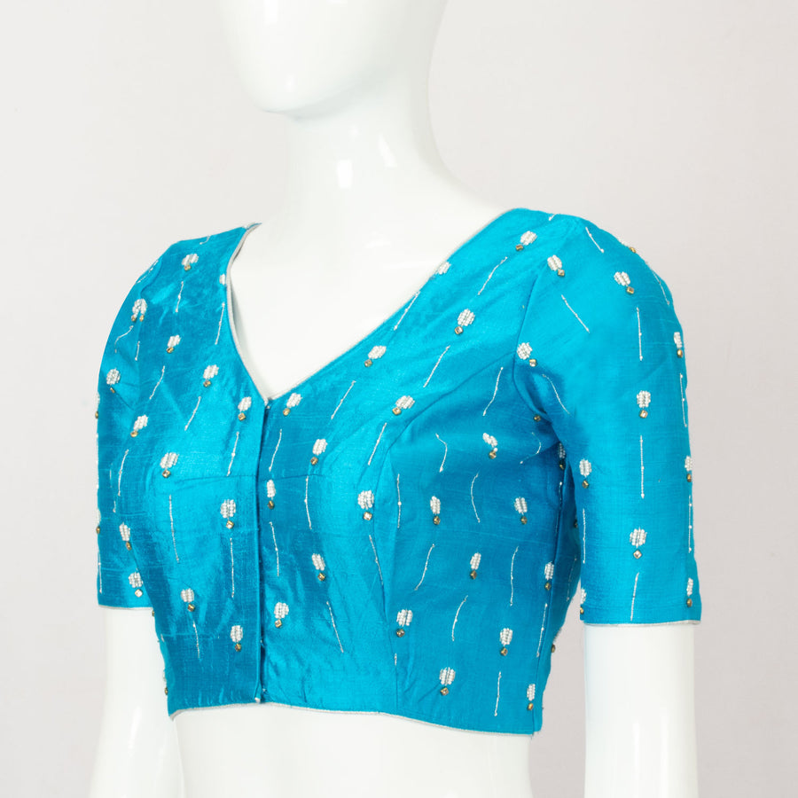 Blue Aari Embroidered Raw Silk Blouse - Avishya