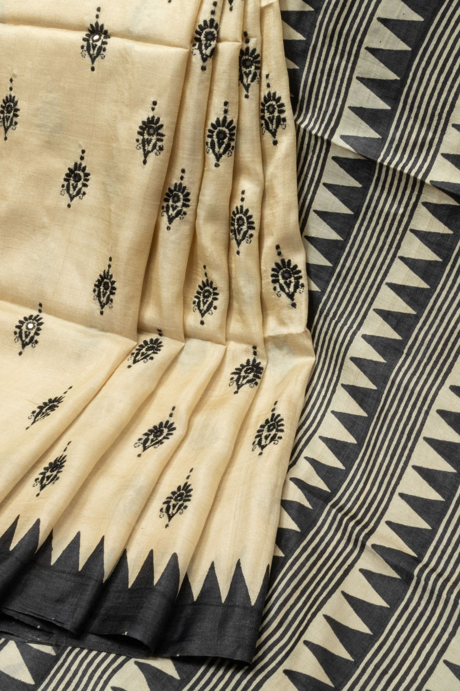 Beige Kantha Embroidered Tussar Silk Saree  - Avishya