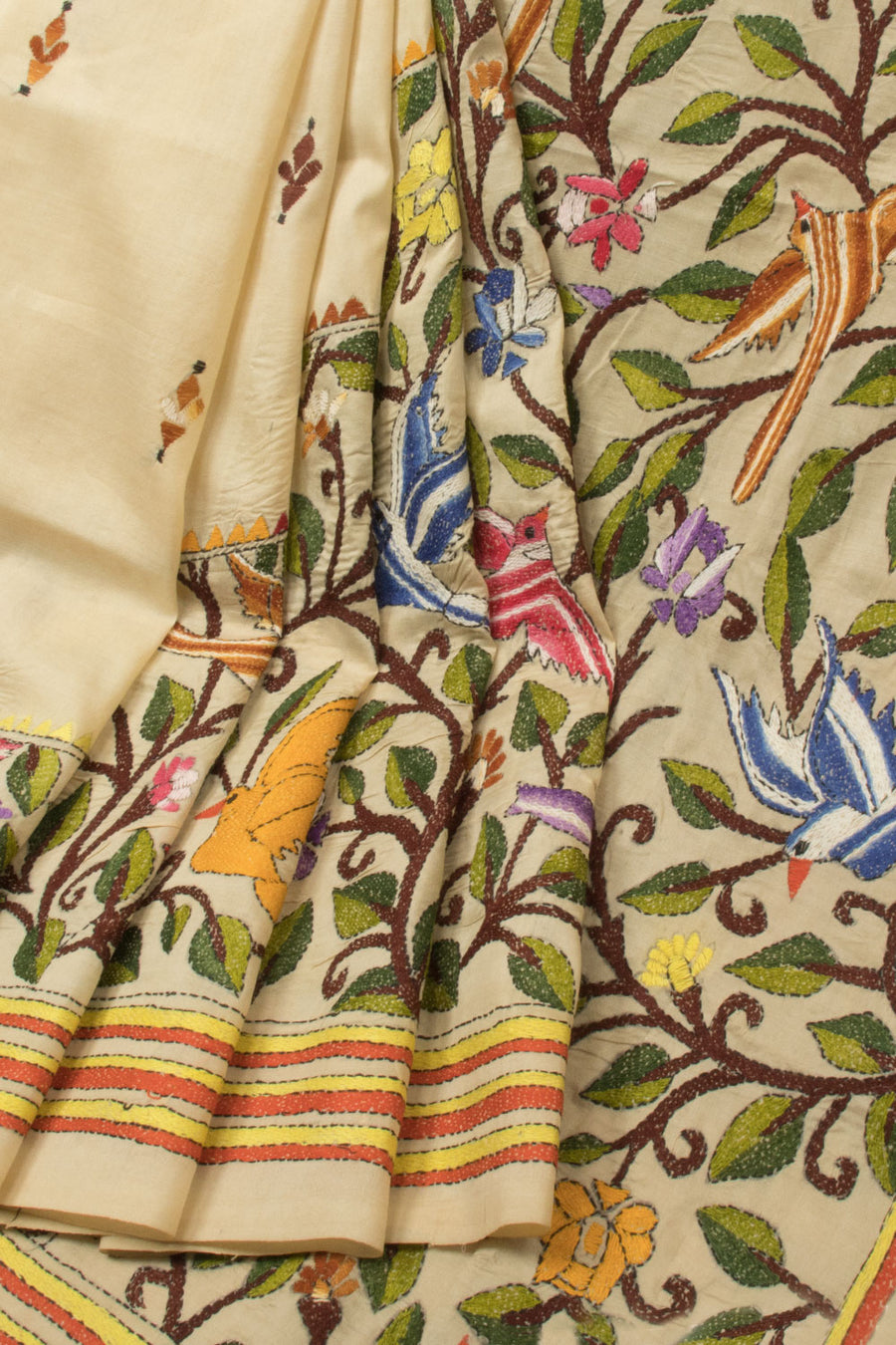 Beige Kantha Embroidered Tussar Silk Saree  - Avishya