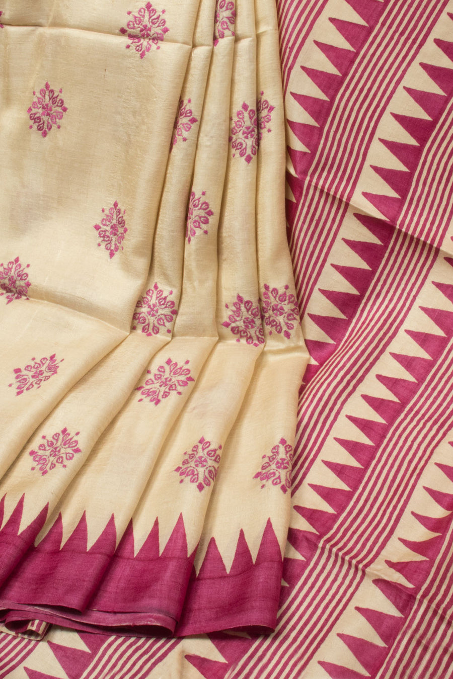 Off White Kantha Embroidered Tussar Silk Saree - Avishya
