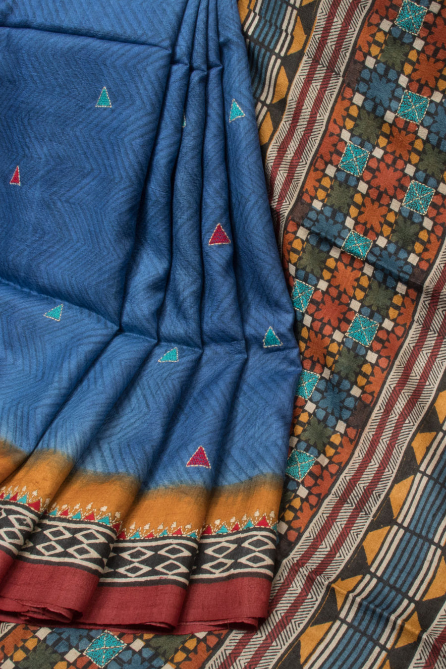 Blue Kantha Embroidered Tussar Silk Saree - Avishya