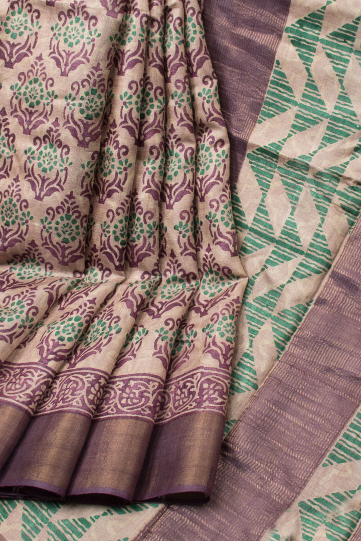 Cream Hand Block Printed Tussar Silk Saree - Avishya