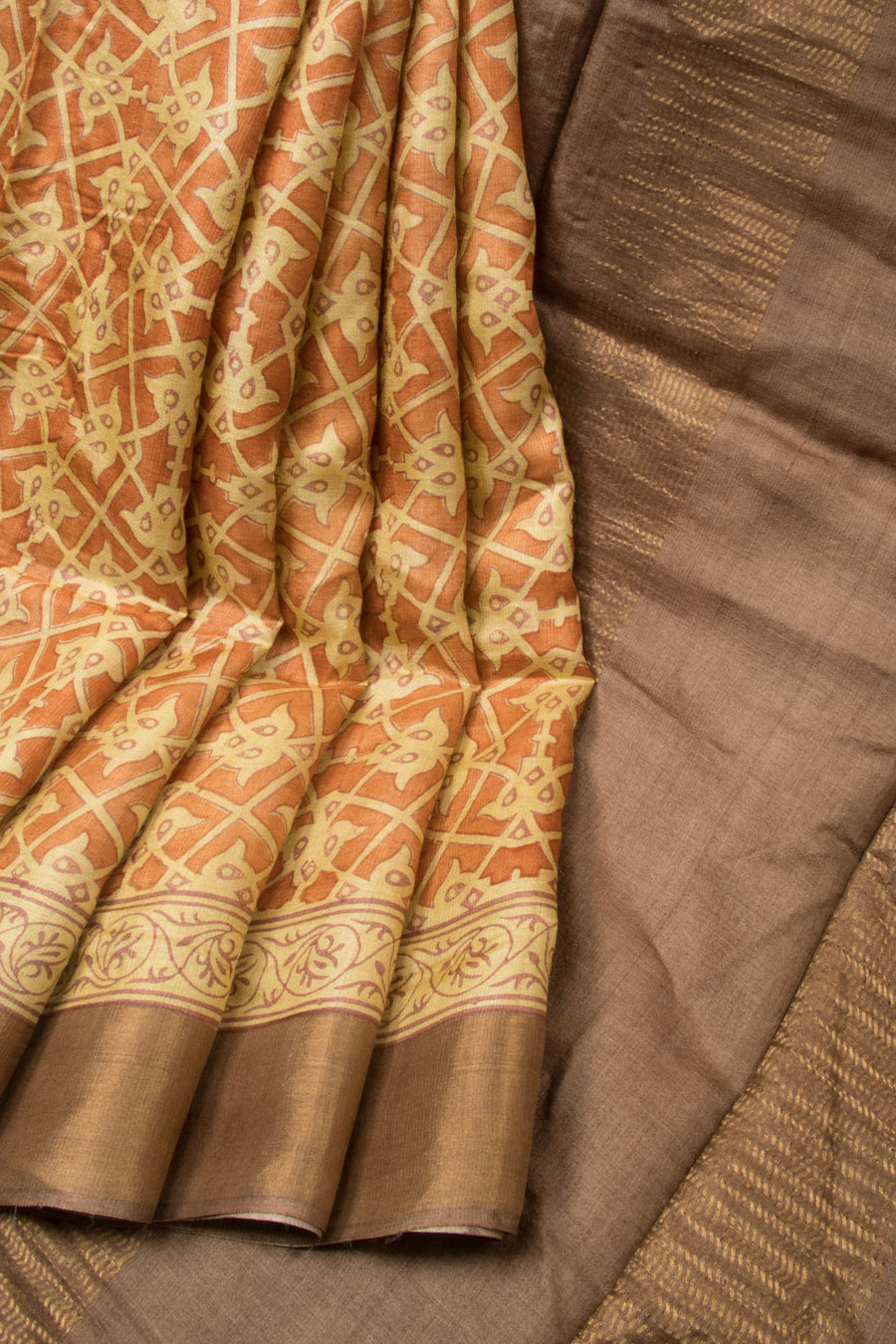 Mustard Brown Kantha Embroidered Tussar Silk Saree - Avishya