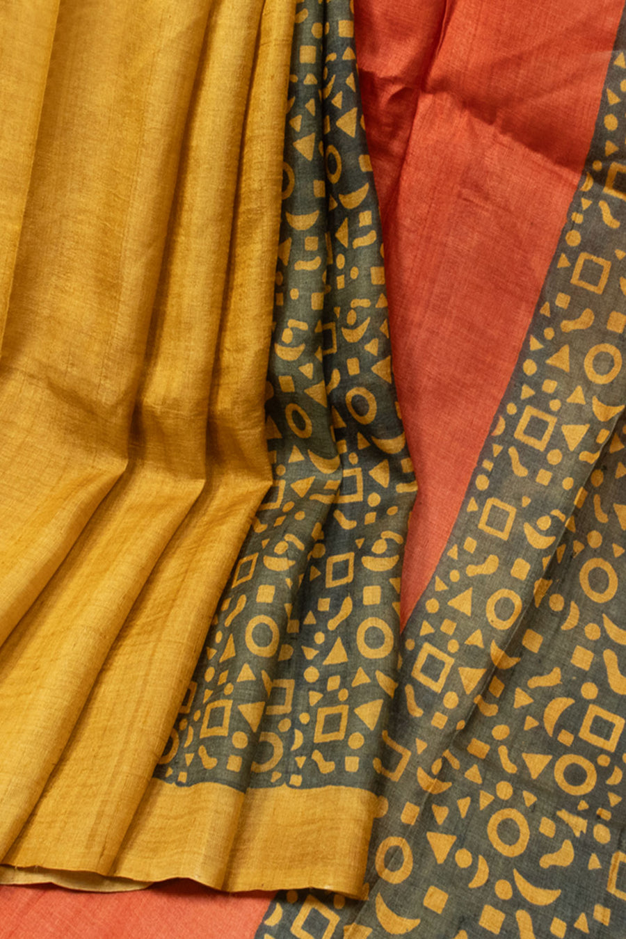 Yellow Hand Block Printed Tussar Silk Saree  -Avishya 