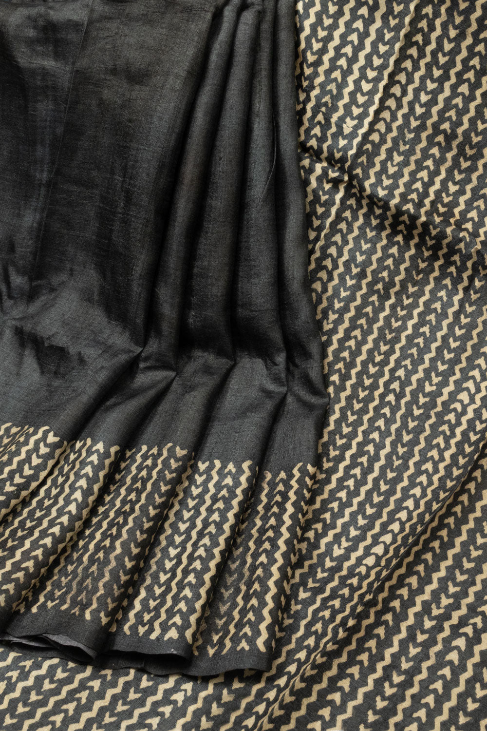 Black Hand Block Printed Tussar Silk Saree -Avishya 