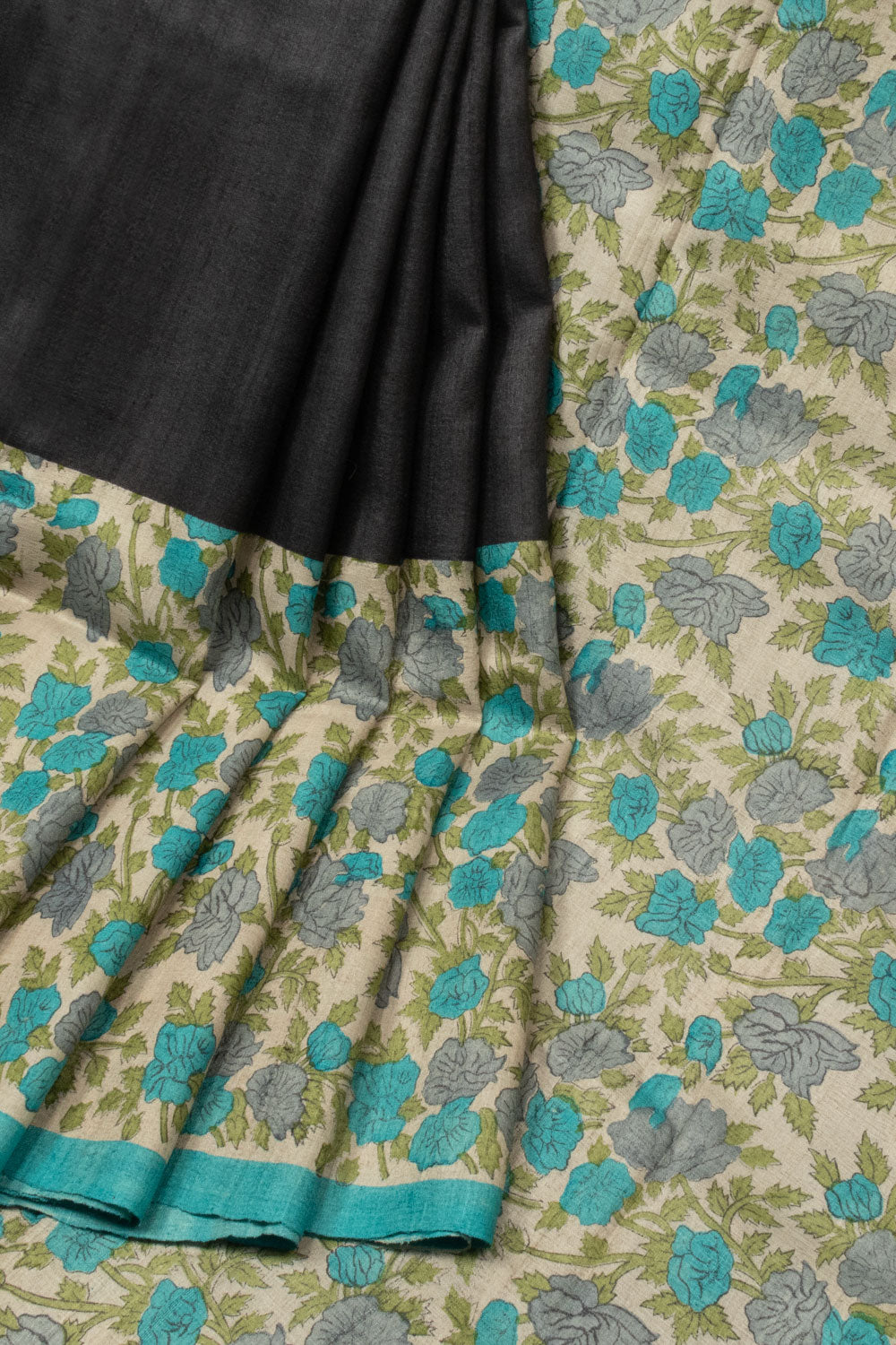 Black Hand Block Printed Tussar Silk Saree - Avishya 