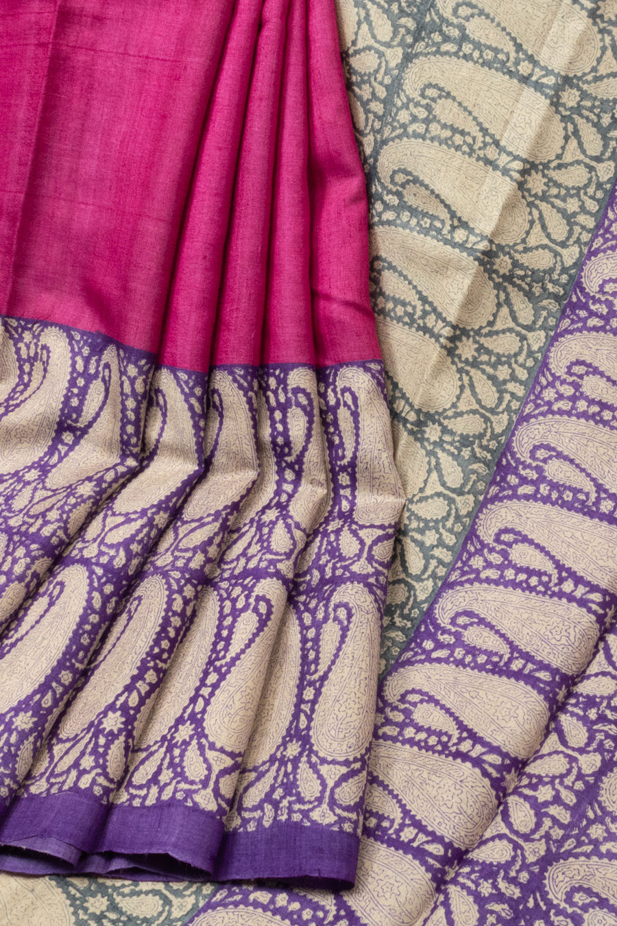 Magenta Hand Block Printed Tussar Silk Saree  - Avishya 