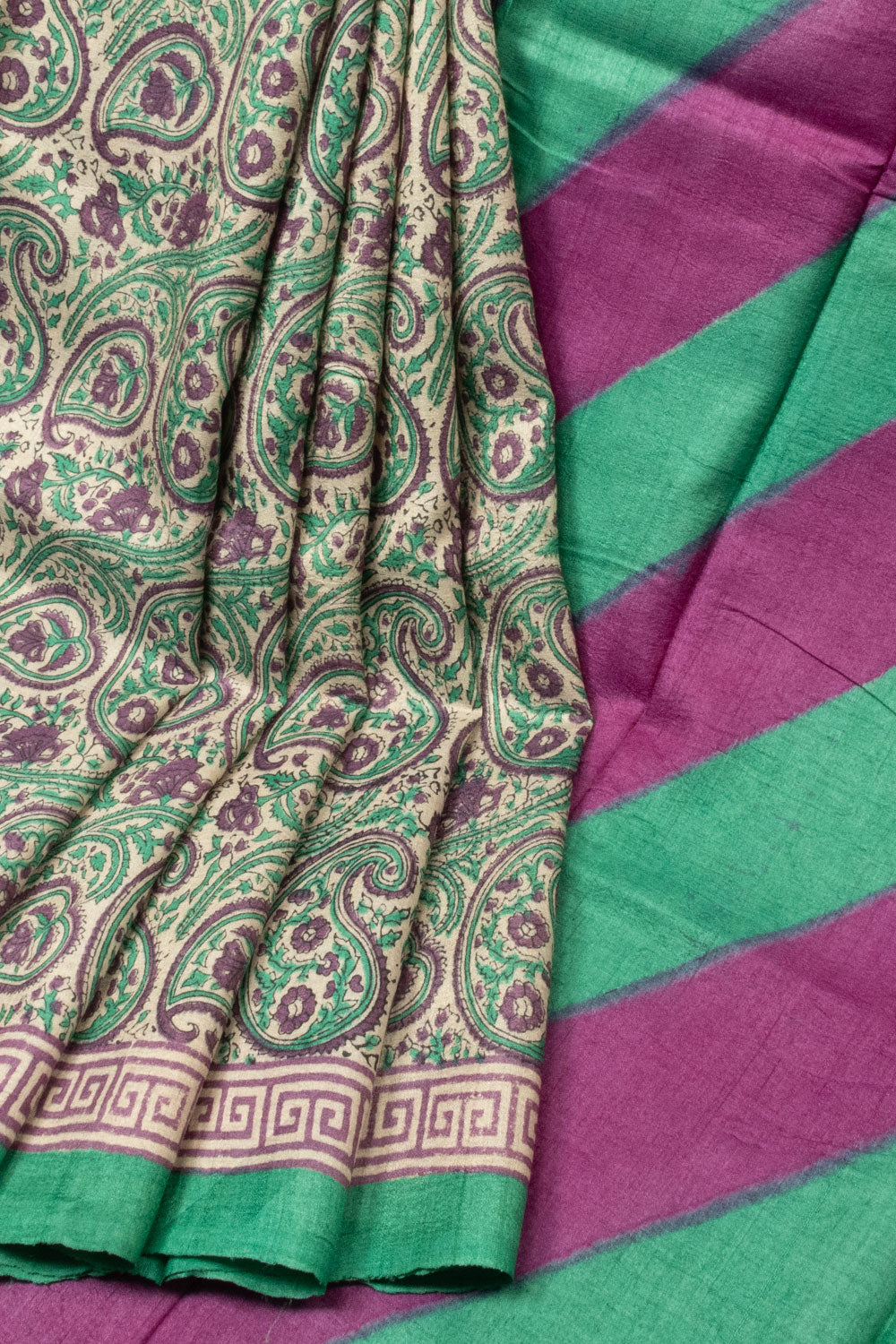 Green Hand Block Printed Tussar Silk Saree - Avishya 