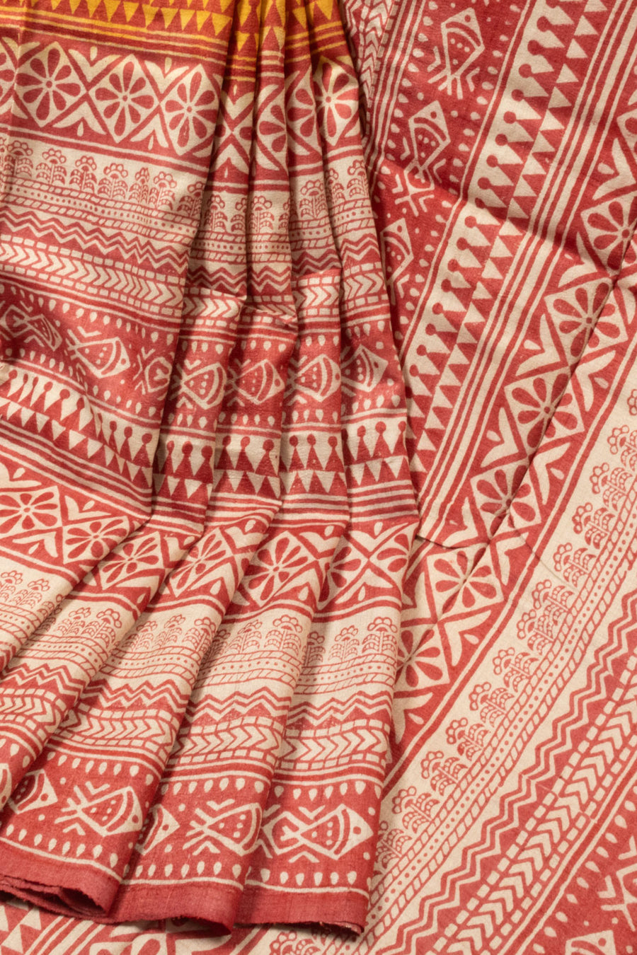 Yellow Hand Block Printed Tussar Silk Saree- Avishya 