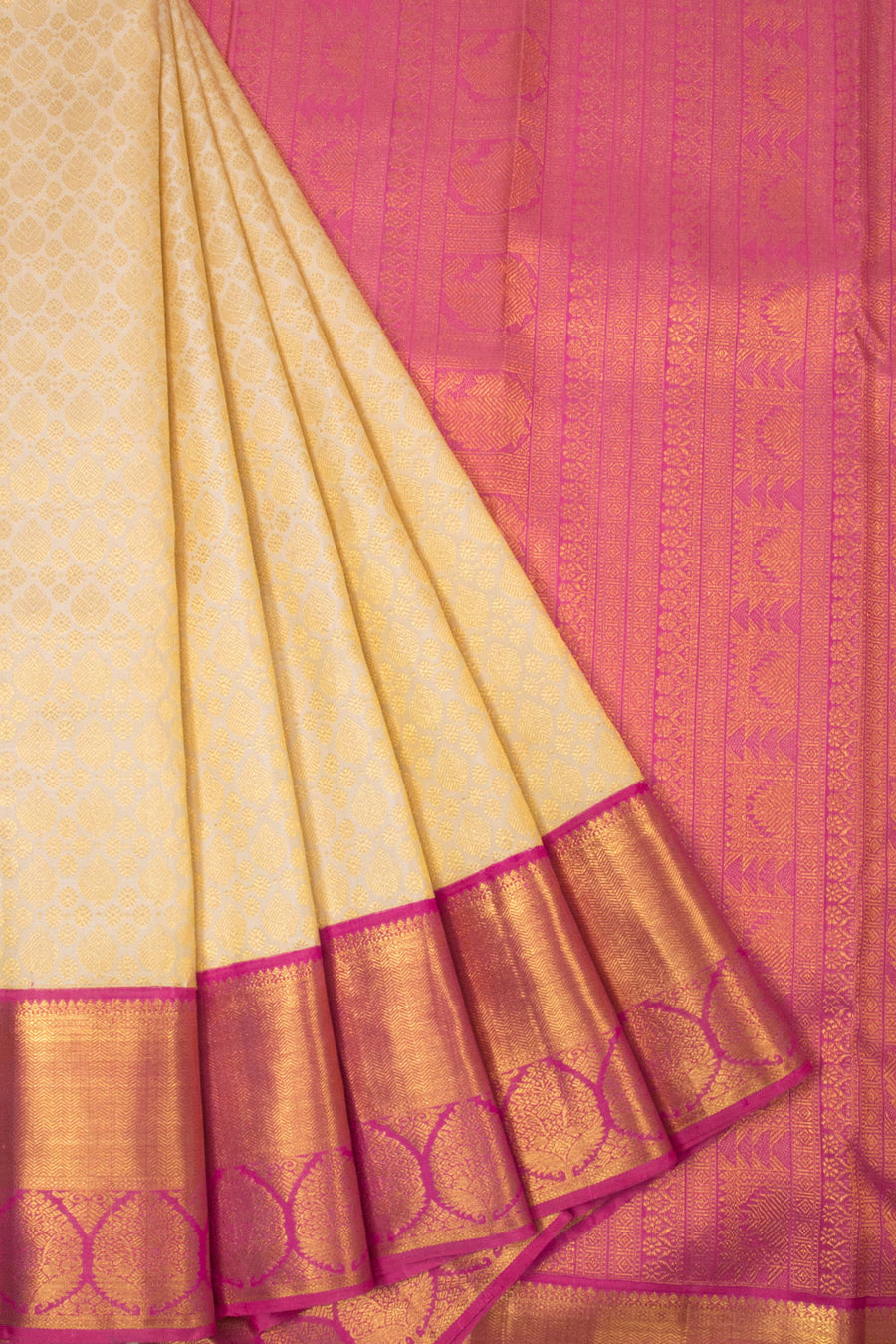 Cream & Rani Pink Color Pure Kancheepuram Silk Saree