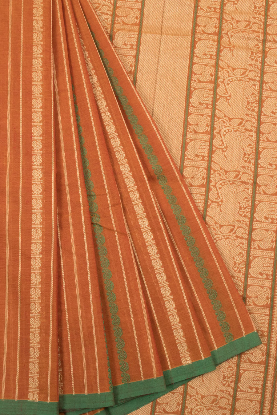 Rust Orange Handwoven Kanchi Cotton Saree-Avishya