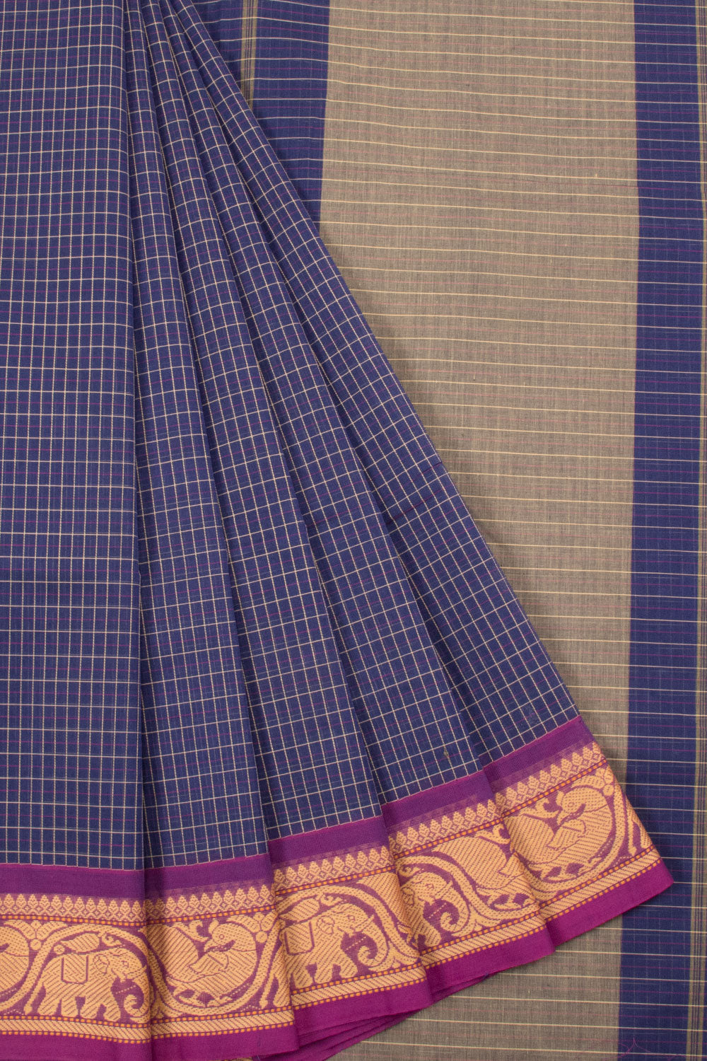 Navy Blue Handwoven Kanchi Cotton Saree-Avishya