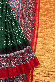 Rainforest Green Handloom Ajrakh Bandhani Modal Silk Saree With  Lagdi Patti Pallu and Floral Border 10076569