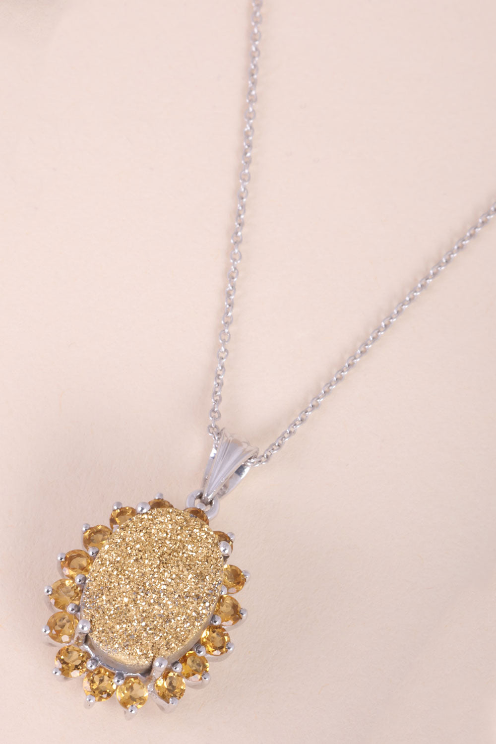 Drusy Golden With Citrine Sterling Silver Necklace Pendant Chain - Avishya