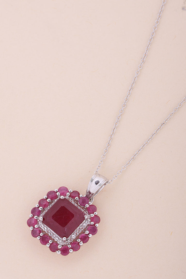 Ruby Glass Filled With White Topaz Sterling Silver Necklace Pendant Chain + Avishya